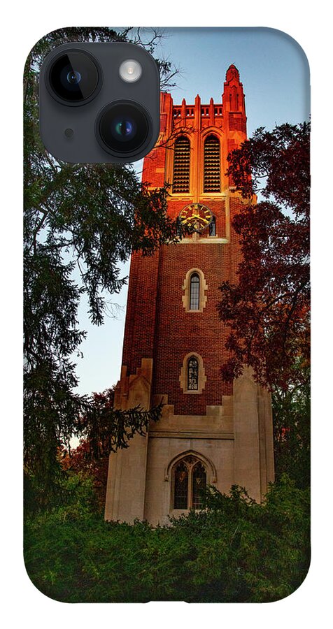 Michigan State University iPhone 14 Case featuring the photograph Beaumont Tower on the Michigan State University campus at sunrise by Eldon McGraw