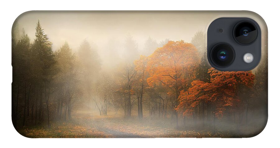 Autumn iPhone 14 Case featuring the digital art Beautiful autumn landscape of misty forest and path with fall le by Jelena Jovanovic