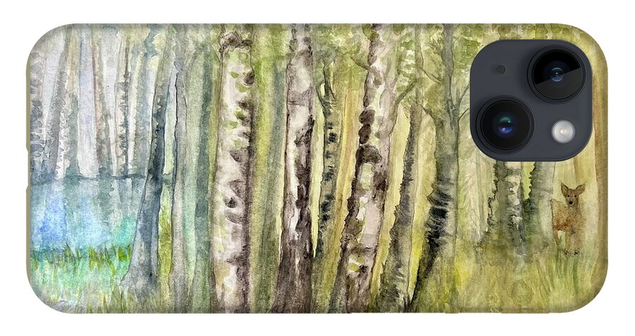 Birch Trees iPhone 14 Case featuring the painting Birch Forest Visitor by Deb Stroh-Larson