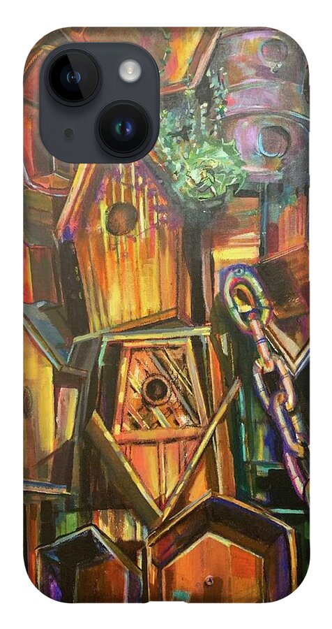 Clocks iPhone 14 Case featuring the painting Birdhouse by Try Cheatham