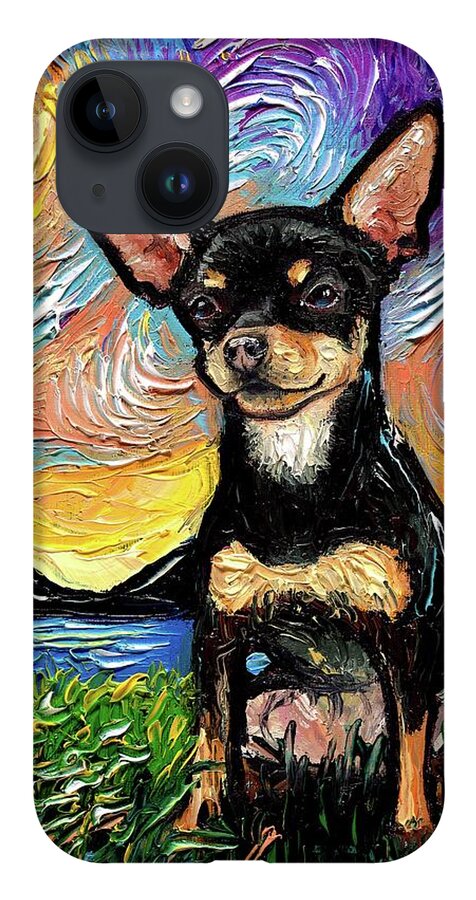 Chihuahua iPhone Case featuring the painting Black and Tan Chihuahua Night by Aja Trier
