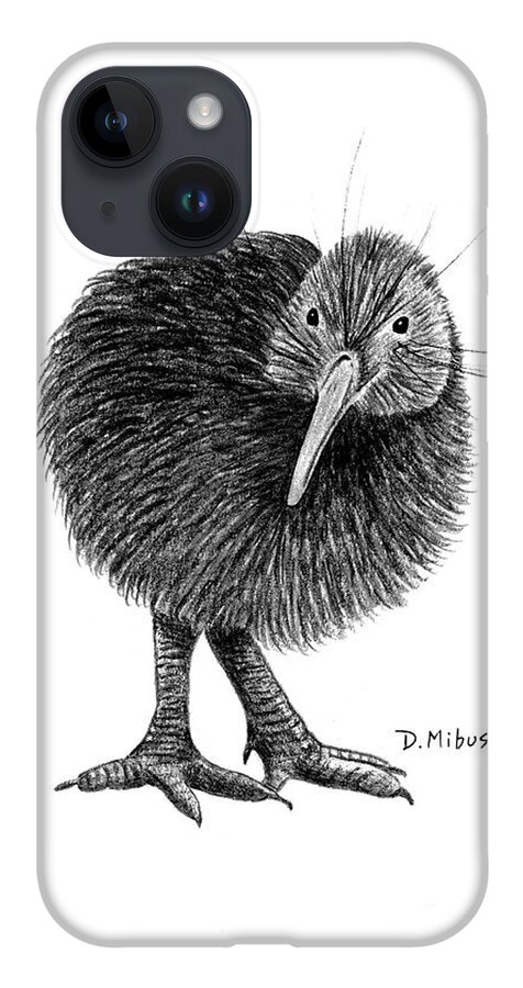 New Zealand Bird iPhone 14 Case featuring the drawing Black and White Kiwi Bird of New Zealand by Donna Mibus