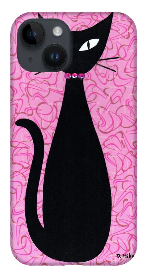 Mid Century Modern Black Cat iPhone 14 Case featuring the mixed media Black Cat with Pink Rhinestone Collar by Donna Mibus