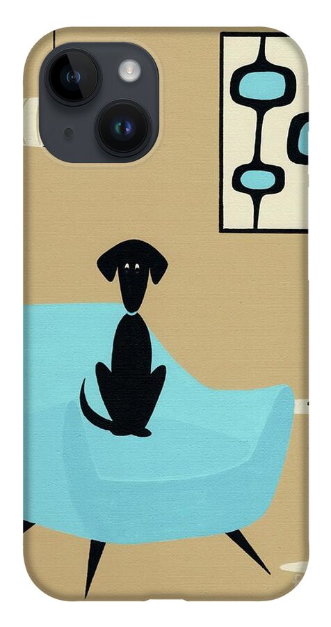 Mid Century Modern Black Dog iPhone 14 Case featuring the painting Black Dog in Blue Henry Glass Chair by Donna Mibus