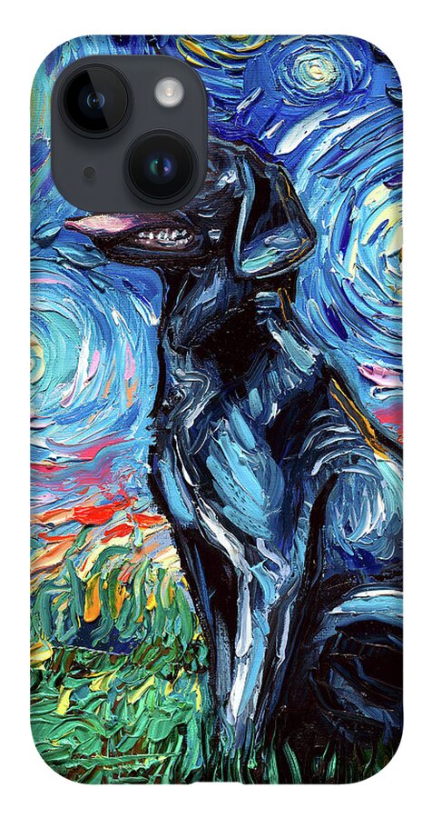 Labrador iPhone 14 Case featuring the painting Black Labrador Night by Aja Trier