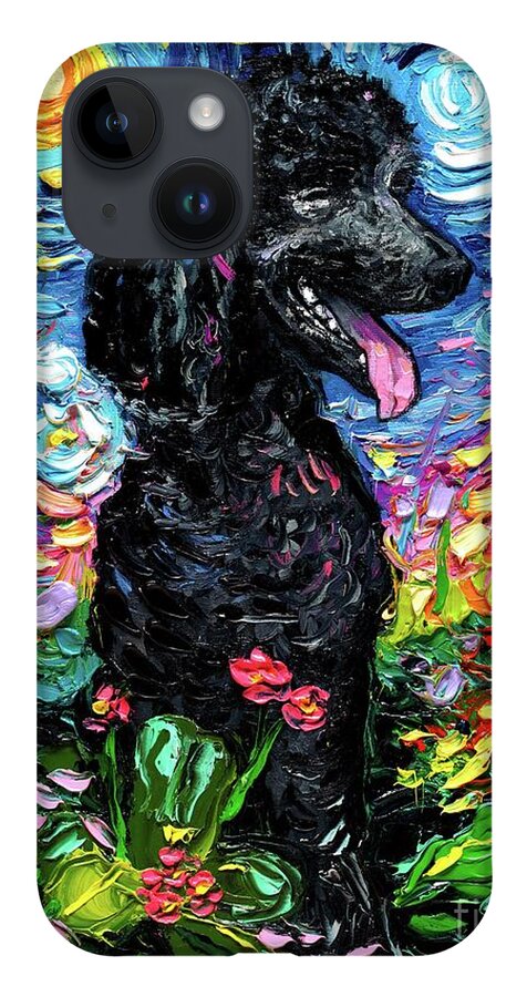 Black Poodle iPhone 14 Case featuring the painting Black Poodle Night 2 by Aja Trier