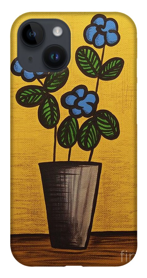 Mid Century Modern iPhone 14 Case featuring the mixed media Blue Flower Still Life Painting by Donna Mibus