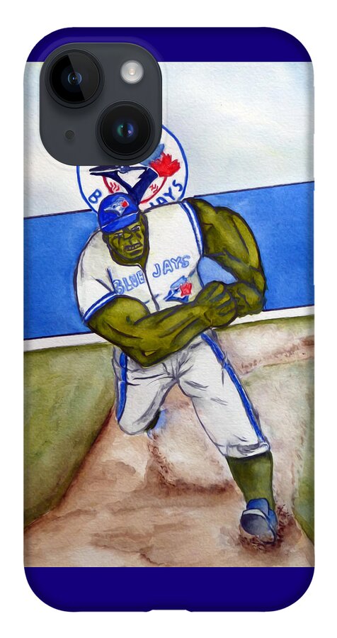 Blue Jays iPhone 14 Case featuring the mixed media Blue Jays Baseball with The Hulk by Kelly Mills