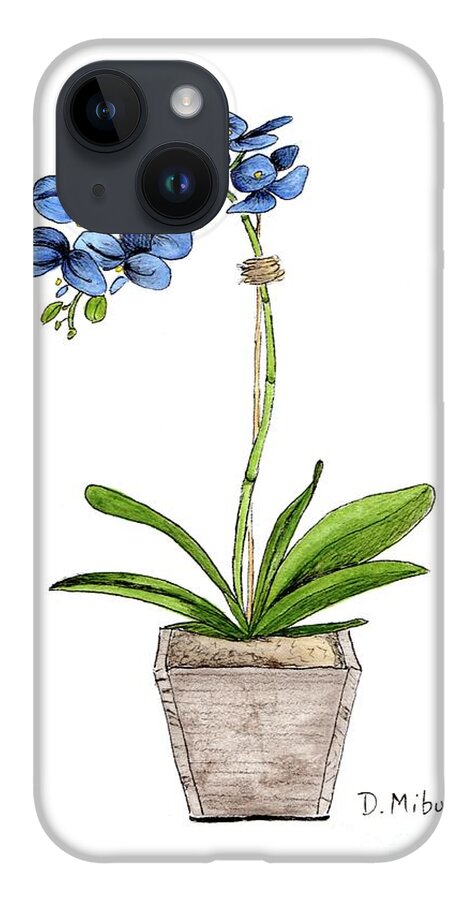 Blue Mystique Orchids iPhone 14 Case featuring the painting Blue Mystique Orchids in Wood Planter by Donna Mibus