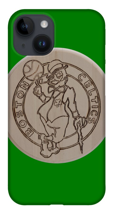 Wood Burned Art iPhone 14 Case featuring the pyrography Boston Celtics est 1946 by Sean Connolly