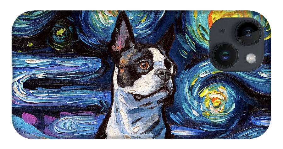 Boston Terrier iPhone 14 Case featuring the painting Boston Terrier Night by Aja Trier