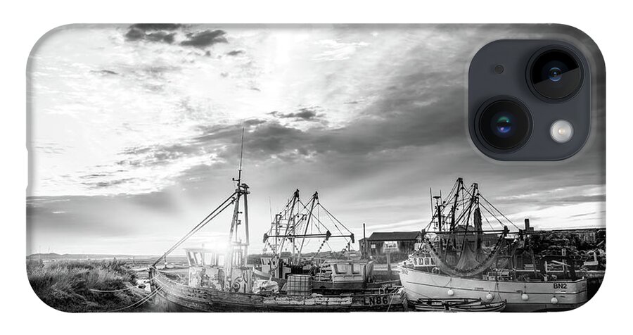 Norfolk iPhone 14 Case featuring the photograph Brancaster Norfolk fishing trawlers at sunrise BW by Simon Bratt