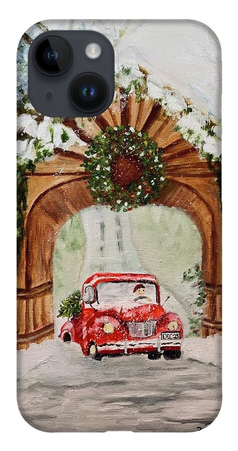 Red Truck iPhone Case featuring the painting Bringing Home the Tree by Juliette Becker