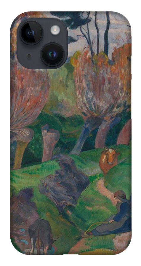 Vintage iPhone 14 Case featuring the painting Brittany Landscape with Women and Cows, 1889 by Paul Gauguin 1848 1903 by MotionAge Designs