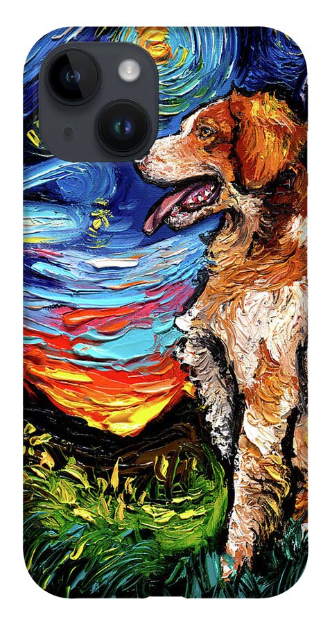 Starry Night Dog iPhone 14 Case featuring the painting Brittany Spaniel Night by Aja Trier