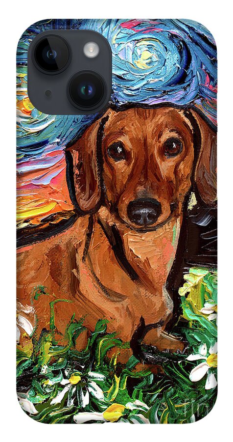 Brown Dachshund iPhone Case featuring the painting Brown Dachshund Night 2 by Aja Trier