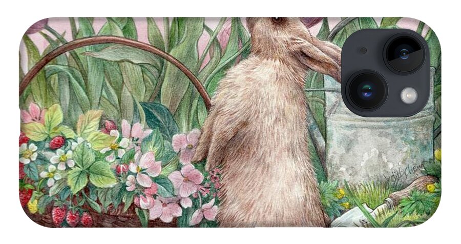 Illustrated Bunny iPhone 14 Case featuring the painting Bunny in Spring Garden by Judith Cheng