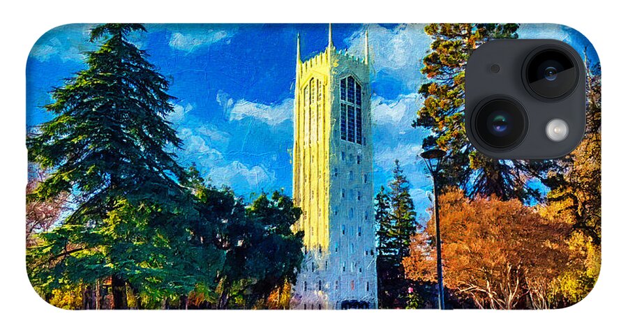 Burns Tower iPhone 14 Case featuring the digital art Burns Tower of the University of the Pacific in Stockton, California by Nicko Prints