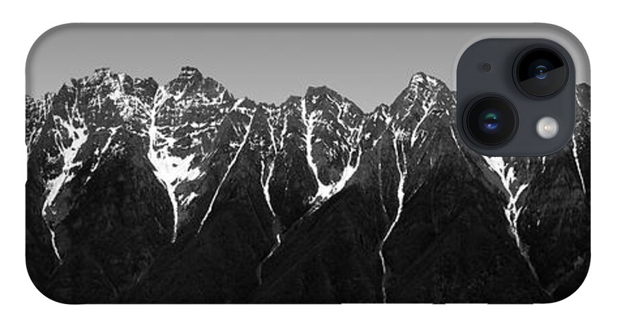 617 iPhone 14 Case featuring the photograph Canadian Rockies abstract panorama black and white by Sonny Ryse