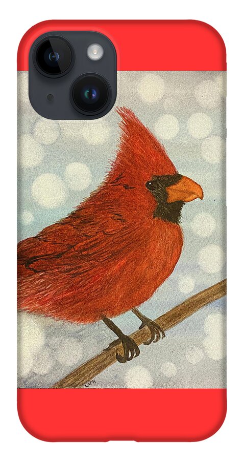 Cardinal iPhone 14 Case featuring the painting Cardinal in Snow by Lisa Neuman