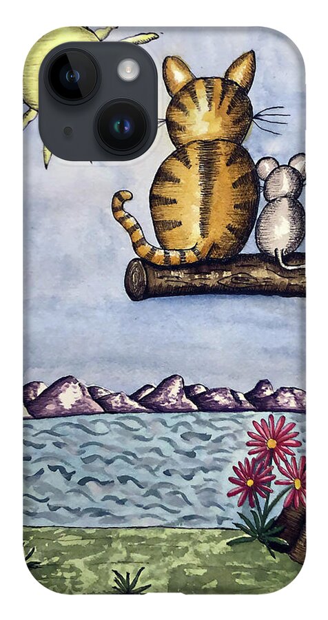 Childrens Art iPhone 14 Case featuring the painting Cat Mouse Sun by Christina Wedberg