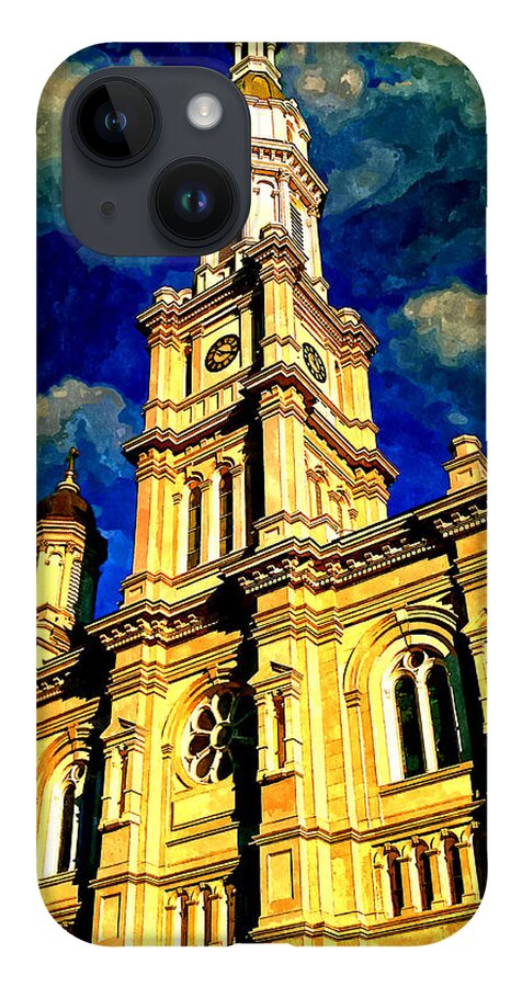 Cathedral Of The Blessed Sacrament iPhone 14 Case featuring the digital art Cathedral of the Blessed Sacrament in Sacramento - watercolor painting by Nicko Prints