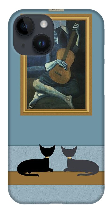 Black Cat iPhone 14 Case featuring the digital art Cats Admire Picasso Old Guitarist by Donna Mibus