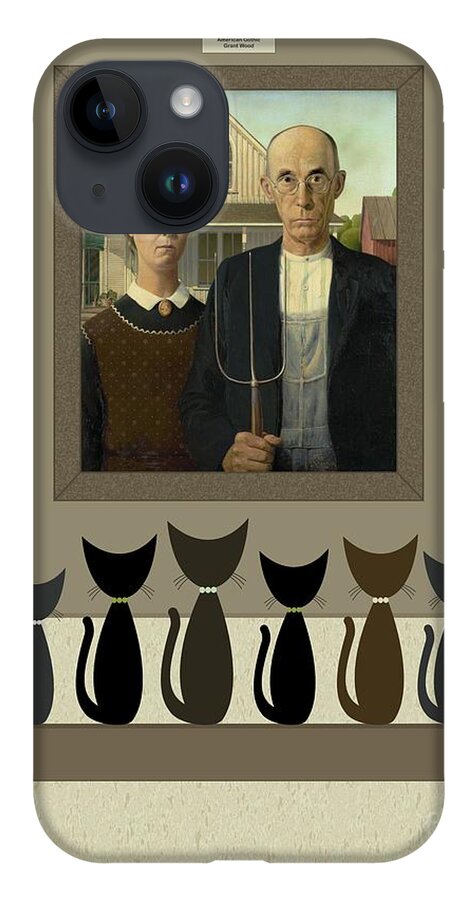 Grant Wood iPhone 14 Case featuring the digital art Cats Contemplate American Gothic by Donna Mibus