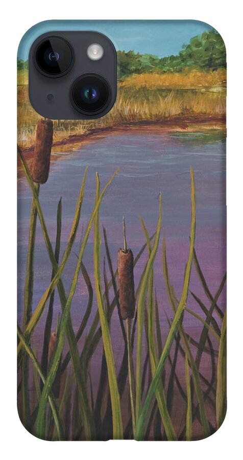 Landscape iPhone 14 Case featuring the painting Cattails by Darice Machel McGuire