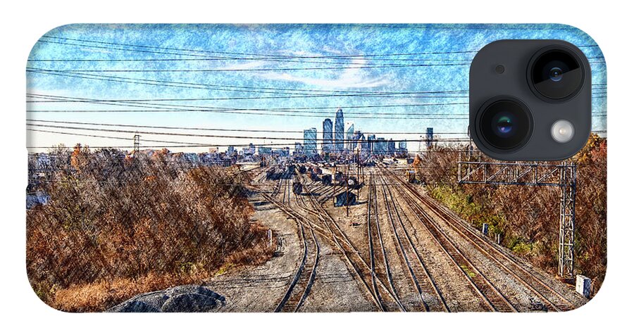 Charlotte-architecture-photography iPhone 14 Case featuring the digital art Charlotte Skyline from Matheson Bridge by SnapHappy Photos