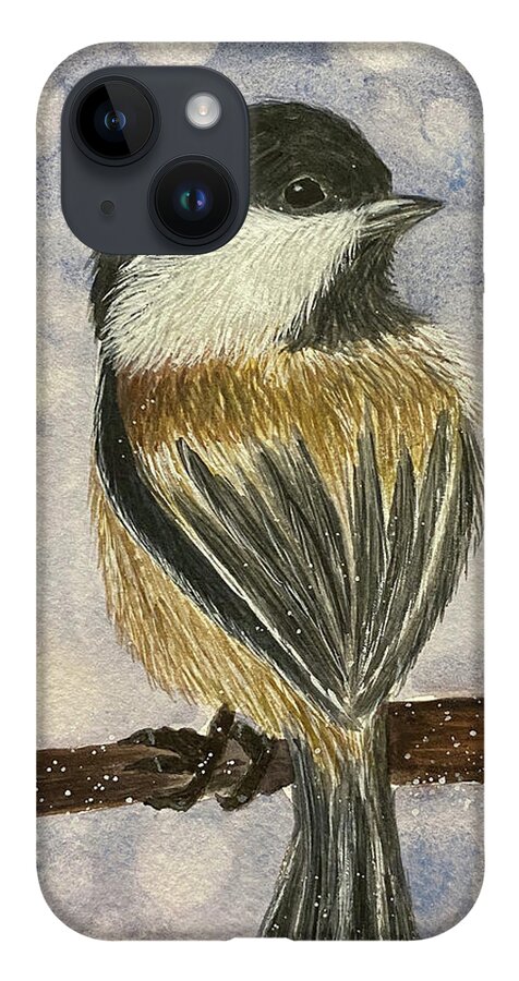 Chickadee iPhone 14 Case featuring the painting Chickadee In Snow by Lisa Neuman