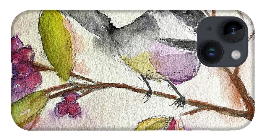 Watercolor Chickadee iPhone 14 Case featuring the painting Chickadee perched in a Tree by Roxy Rich