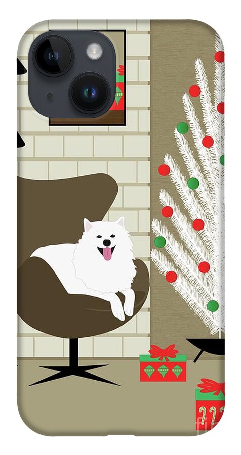 Mid Century Dog iPhone 14 Case featuring the digital art Christmas Room with Eskimo Dog by Donna Mibus