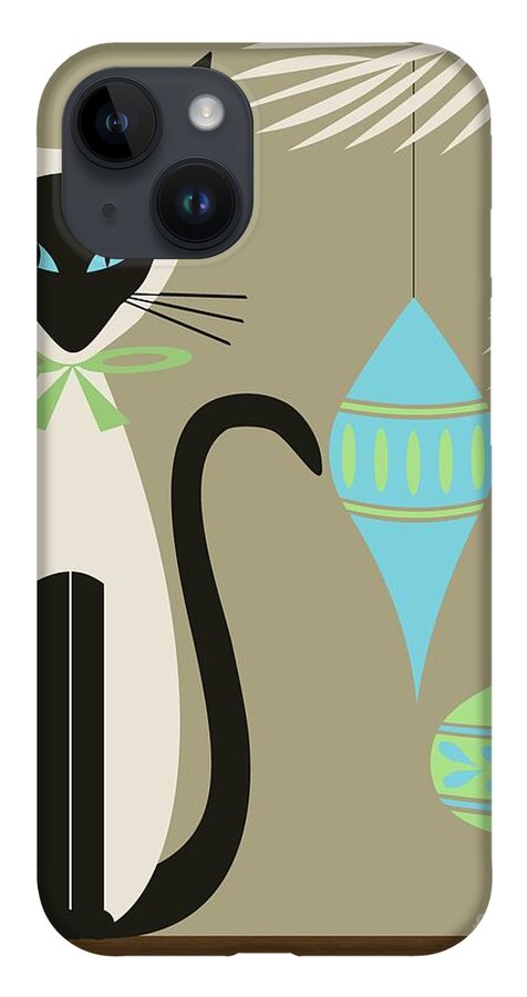 Mid Century Cat iPhone 14 Case featuring the digital art Christmas Siamese with Ornaments by Donna Mibus
