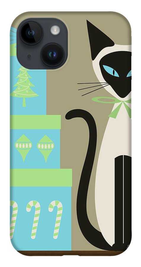 Mid Century Cat iPhone 14 Case featuring the digital art Christmas Siamese with Presents by Donna Mibus