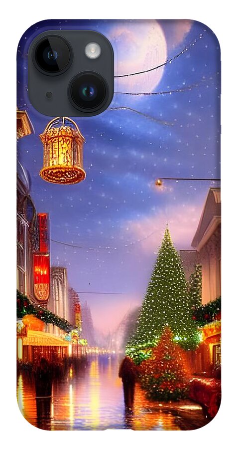 Digital Christmas City Shoppers Moon iPhone 14 Case featuring the digital art Christmas Under the Moon by Beverly Read