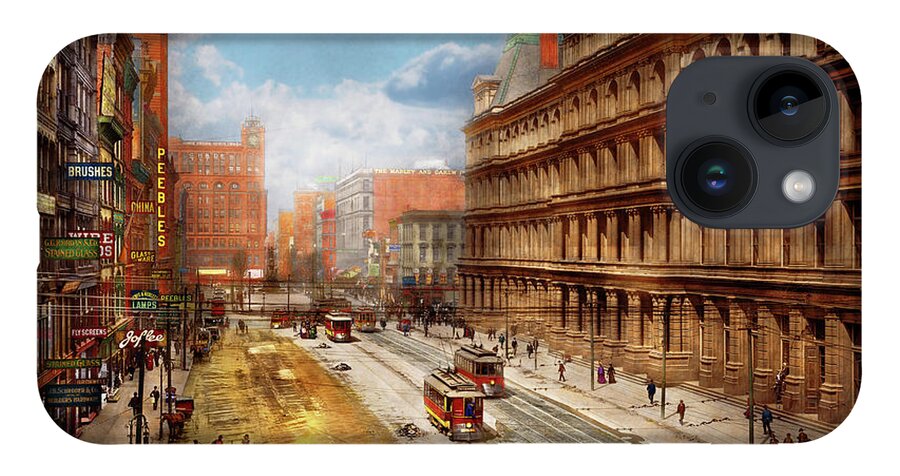 Cincinnati iPhone 14 Case featuring the photograph City - Cincinnati OH - Government Square 1902 by Mike Savad