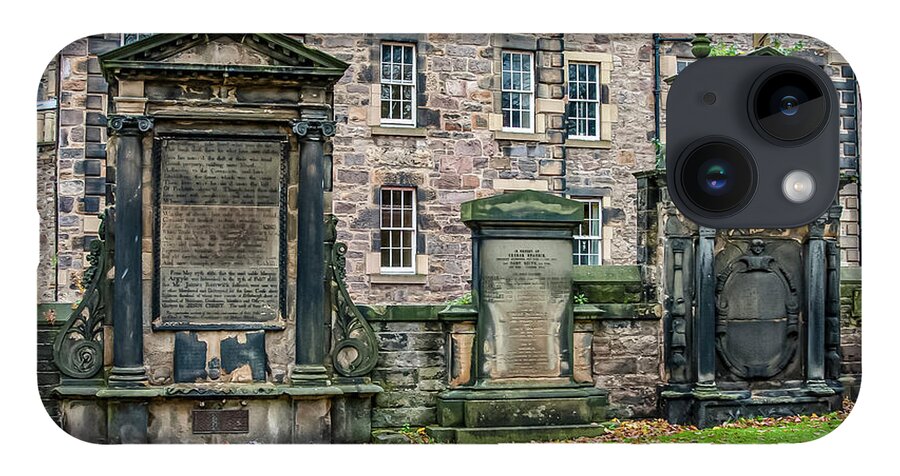 City Of Edinburgh iPhone 14 Case featuring the digital art City of Edinburgh Scotland - ancient cemetary by SnapHappy Photos