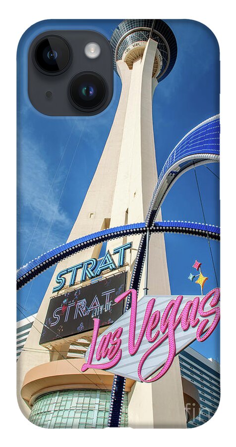 City Of Las Vegas Gateway Arch iPhone 14 Case featuring the photograph City of Las Vegas Arch and the Strat From Below Portrait by Aloha Art