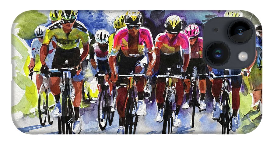Letour iPhone 14 Case featuring the painting Climbing Forever The Yellow Jersey Group by Shirley Peters