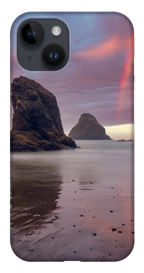 Oregon Coast iPhone 14 Case featuring the digital art Coastal Rainbow by Michael Rauwolf