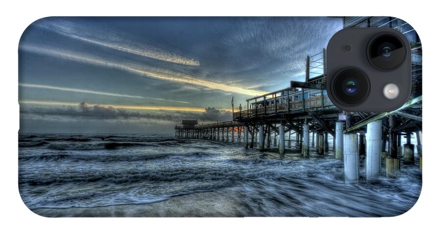 Beach iPhone 14 Case featuring the pyrography Cocoa Beach Pier at Sunrise by Carolyn Hutchins