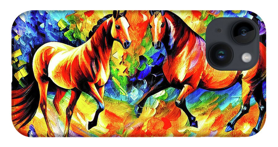 Horse Walking iPhone Case featuring the digital art Colorful abstract horses meeting - digital painting on colorful background by Nicko Prints