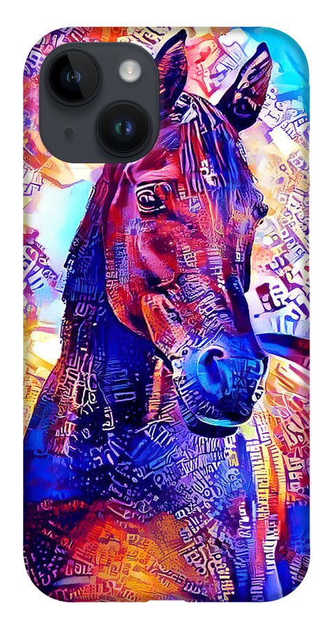 Arabian Horse iPhone Case featuring the digital art Colorful Arabian horse portrait in blue and violet by Nicko Prints