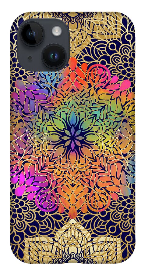 Mandala iPhone Case featuring the digital art Colorful Gold Mandala Pattern in Black Background by Sambel Pedes