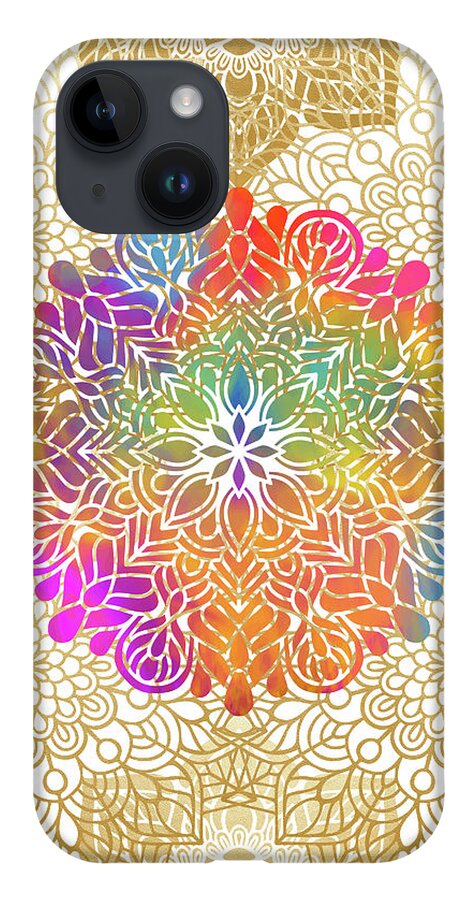 Mandala iPhone 14 Case featuring the digital art Colorful Gold Mandala Pattern by Sambel Pedes