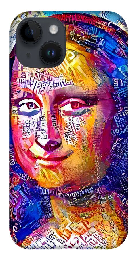 Mona Lisa iPhone Case featuring the digital art Colorful Mona Lisa portrait with blue, orange and magenta color scheme by Nicko Prints