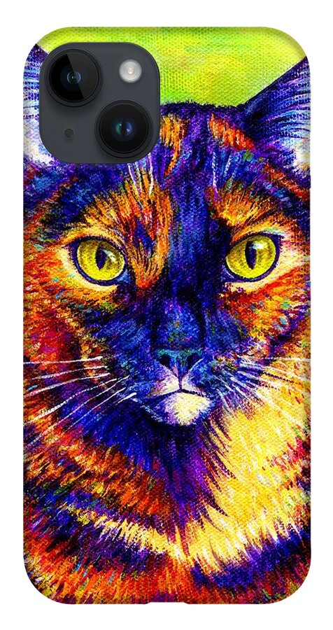 Cat iPhone 14 Case featuring the painting Colorful Tortoiseshell Cat by Rebecca Wang