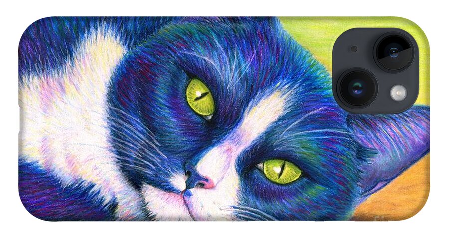Cat iPhone Case featuring the drawing Colorful Tuxedo Cat by Rebecca Wang