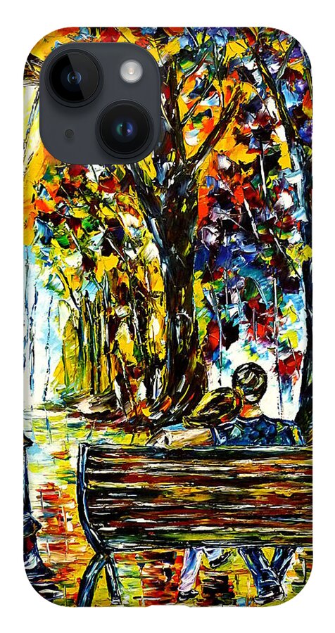 Lovers On A Bench iPhone 14 Case featuring the painting Couple On A Bench by Mirek Kuzniar